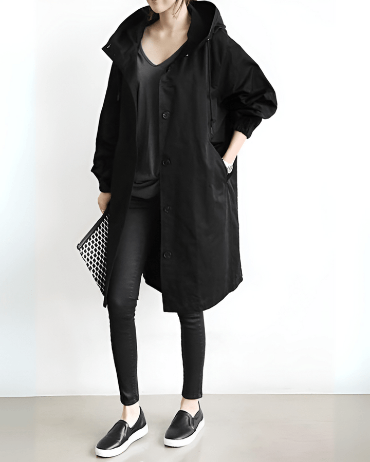 Women's Waterproof Hooded Trench Coat - Perfect for Spring Black