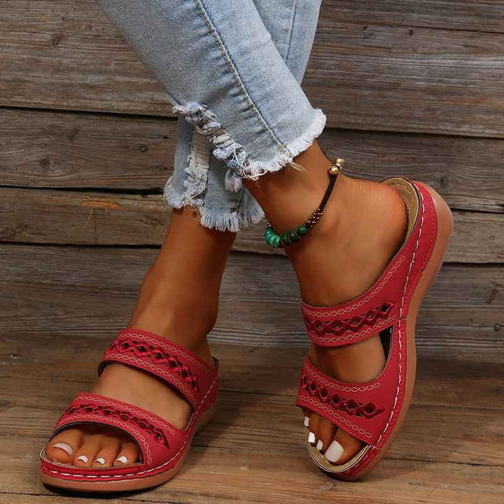 Women's Wedge Sandals with Double Adjustable Straps and Cutout Embroidery Red