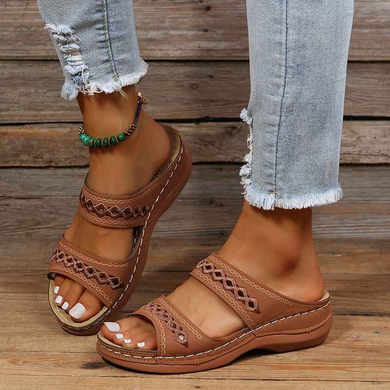 Women's Wedge Sandals with Double Adjustable Straps and Cutout Embroidery Dark Brown