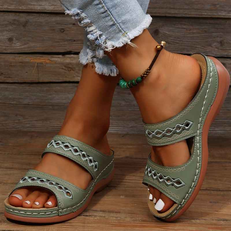 Women's Wedge Sandals with Double Adjustable Straps and Cutout Embroidery Green