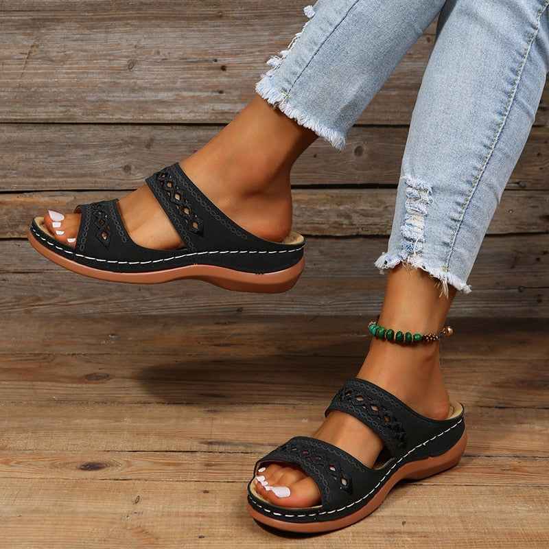 Women's Wedge Sandals with Double Adjustable Straps and Cutout Embroidery Black