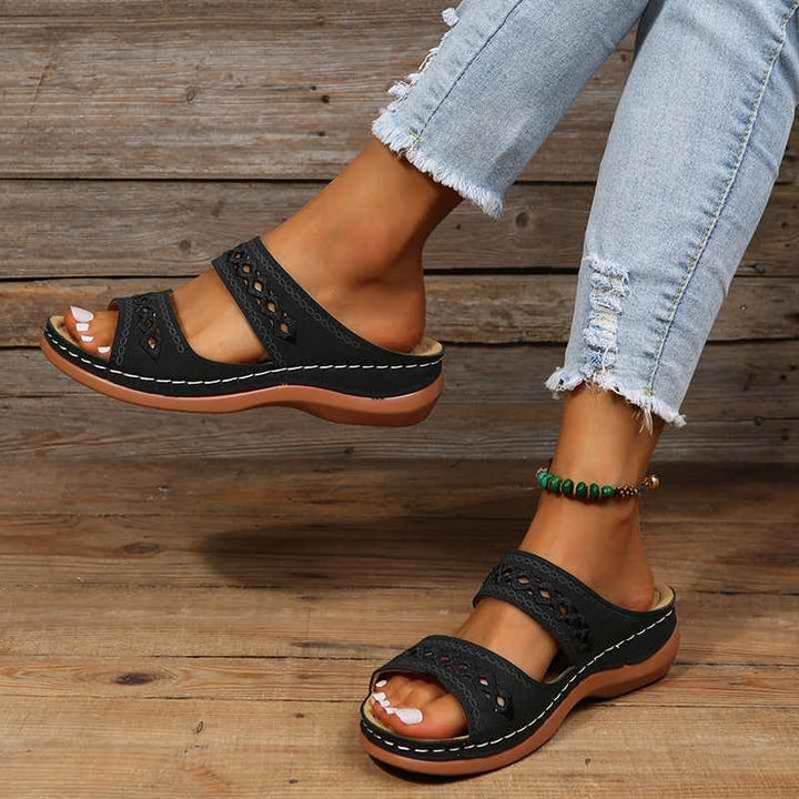 Women's Wedge Sandals with Double Adjustable Straps and Cutout Embroidery Black