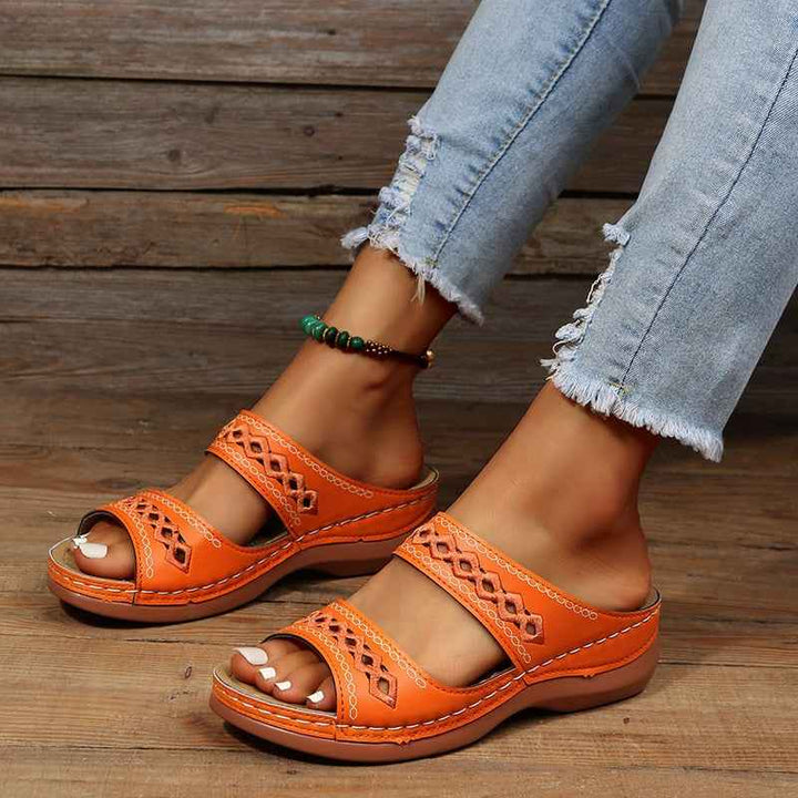 Women's Wedge Sandals with Double Adjustable Straps and Cutout Embroidery Orange