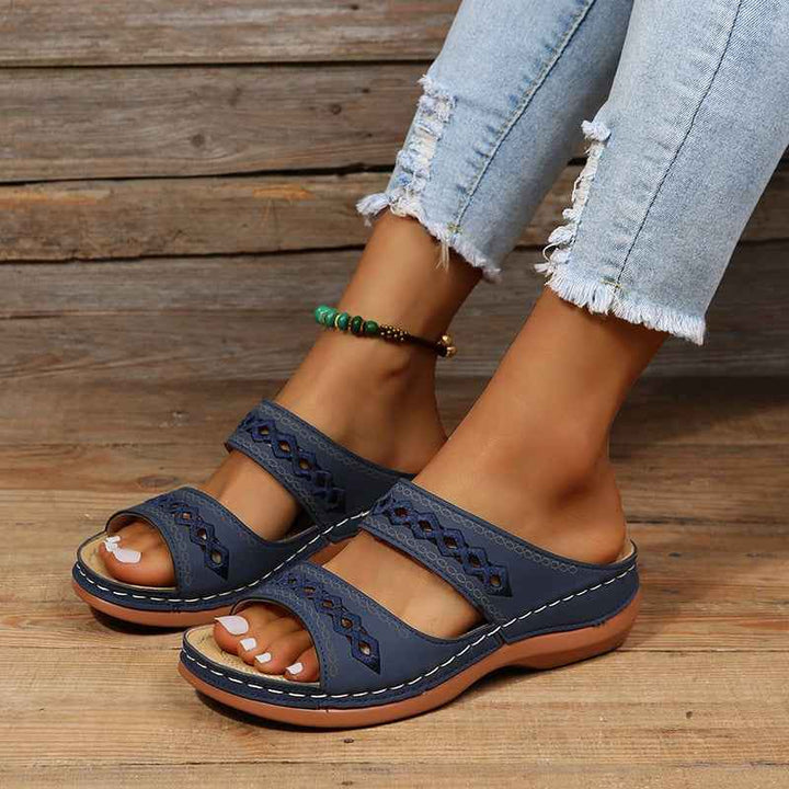 Women's Wedge Sandals with Double Adjustable Straps and Cutout Embroidery Dark Blue