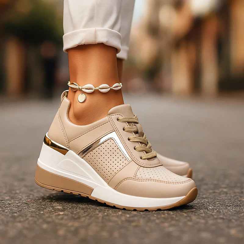 Women's Wedge Sneakers with Metallic Detail Beige