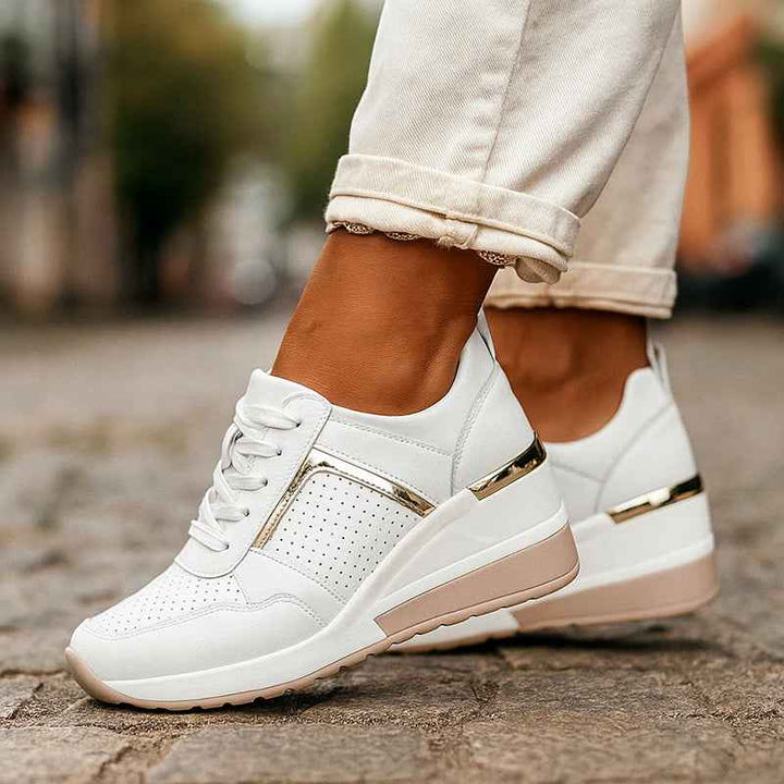 Women's Wedge Sneakers with Metallic Detail White