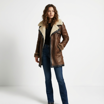 Women's Leather Coat Regular Fit Pockets Brown Winter