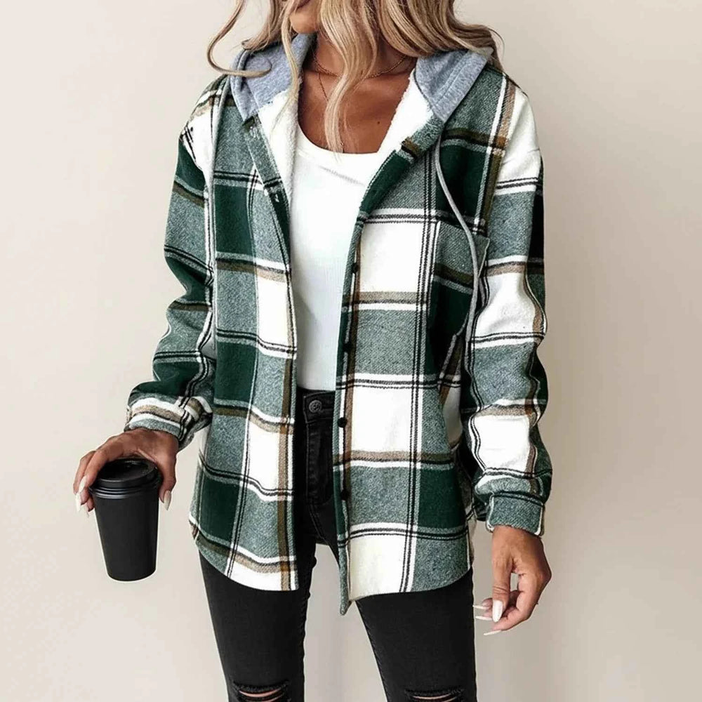 Women's Winter Plaid Hooded Shirt Jacket Green