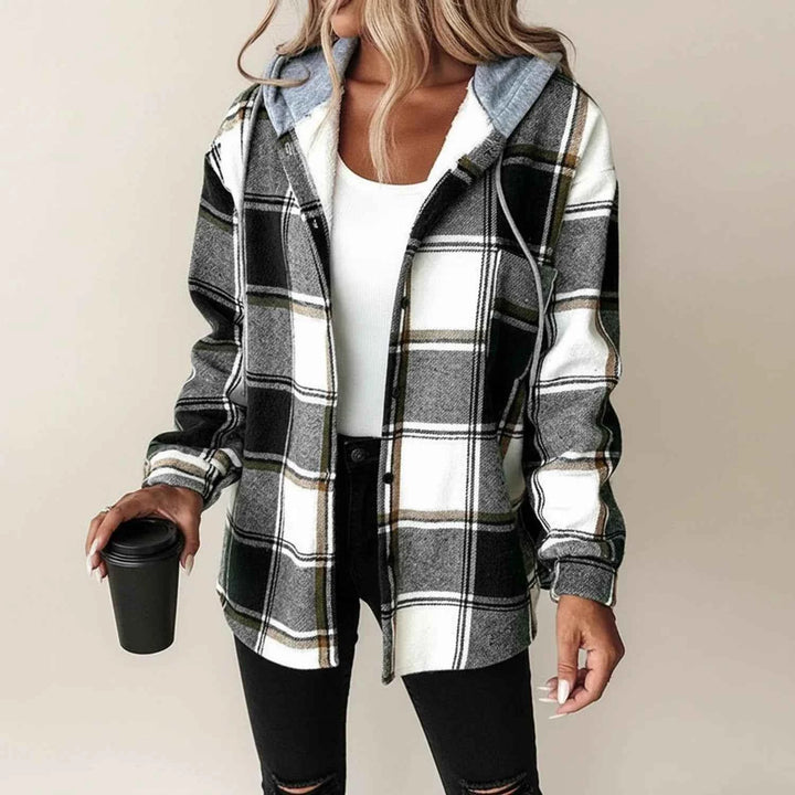 Women's Winter Plaid Hooded Shirt Jacket Black