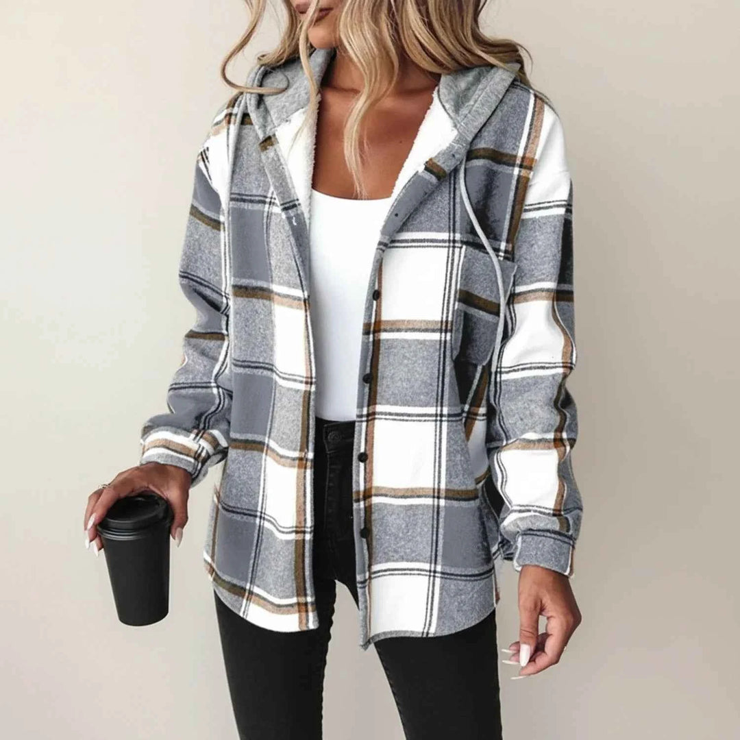 Women's Winter Plaid Hooded Shirt Jacket Gray