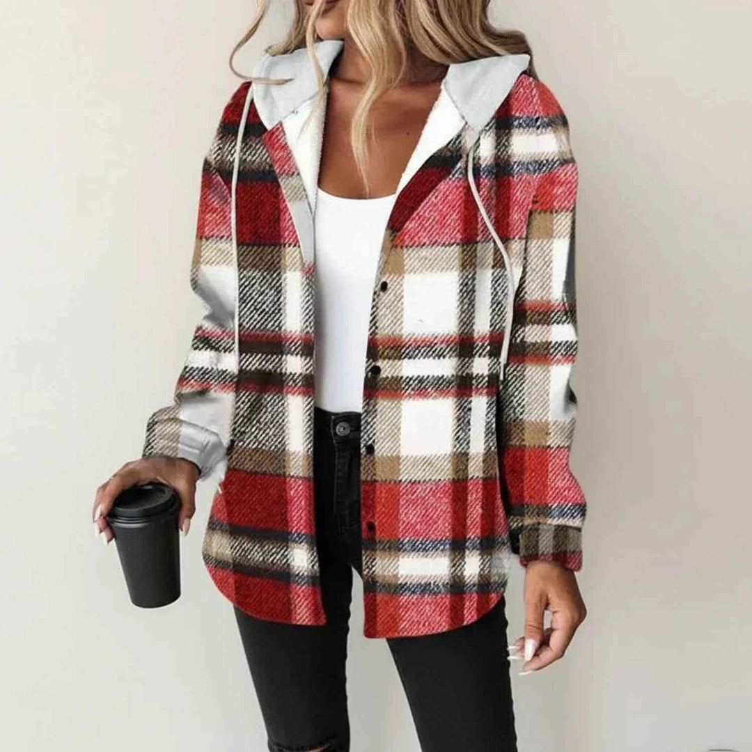 Women's Winter Plaid Hooded Shirt Jacket Red
