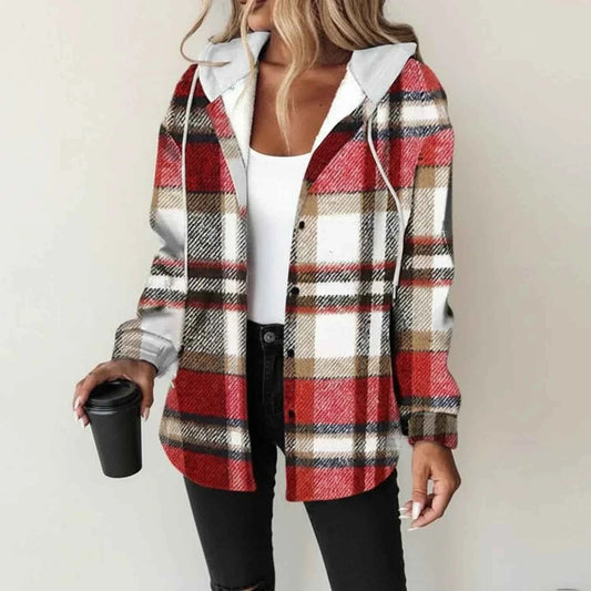 Women's Winter Plaid Hooded Button-Front Polyester Shirt Jacket Red
