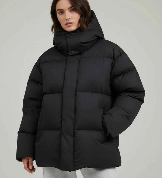 Women's Quilted Puffer Hooded Oversized Relaxed Fit Black Jacket Black