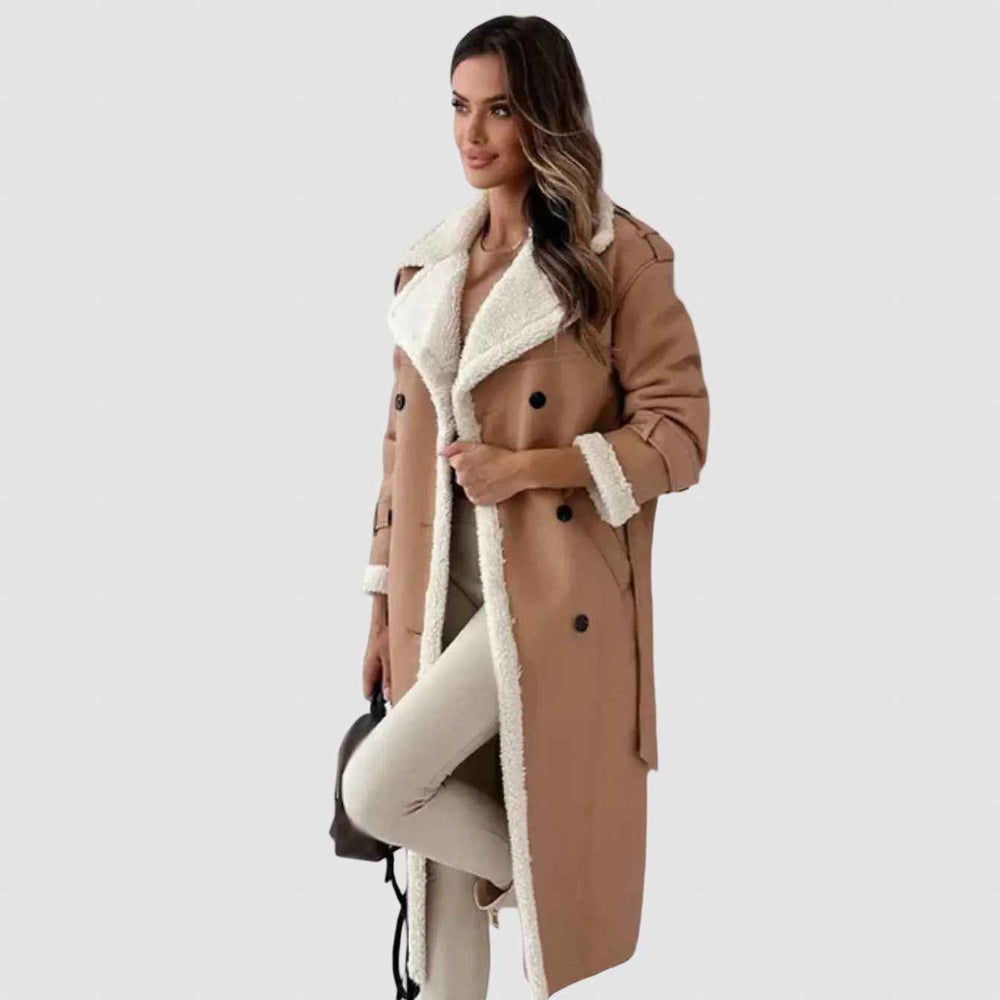 Women's Winter Shearling Coat with Fleece Lining Khaki