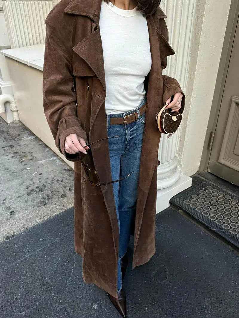 Women's Winter Suede Trench Coat - Stylish & Warm Outerwear