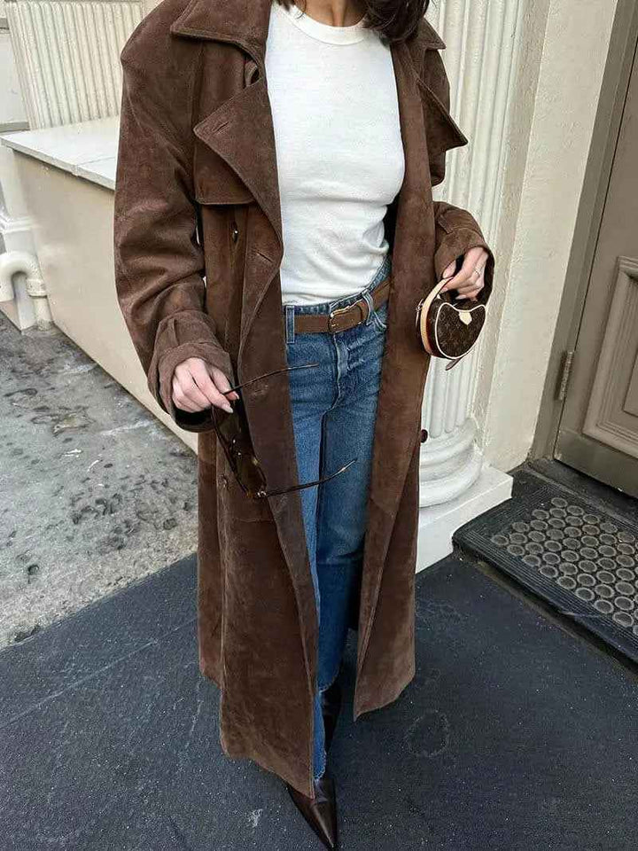 Women's Winter Suede Trench Coat - Stylish & Warm Outerwear