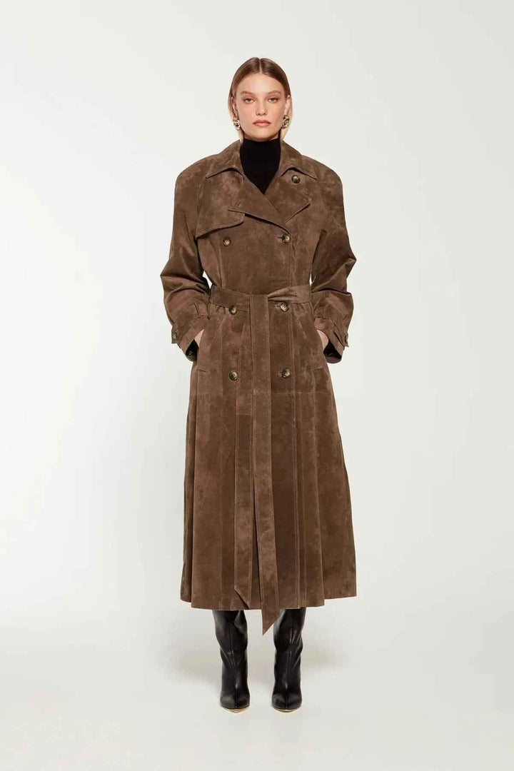 Women's Winter Suede Trench Coat - Stylish & Warm Outerwear
