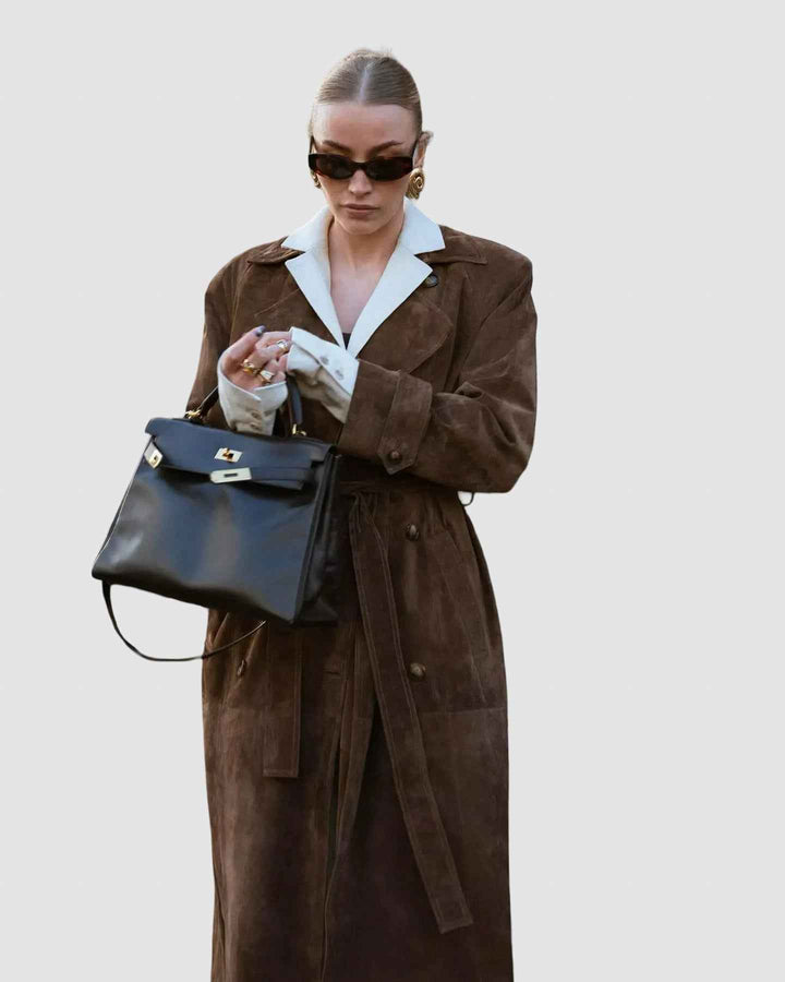 Women's Winter Suede Trench Coat - Stylish & Warm Outerwear L