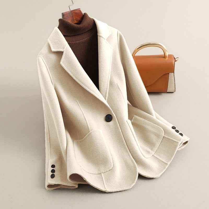 Women's Wool Blazer Slim Fit Pockets Ivory White Winter Beige