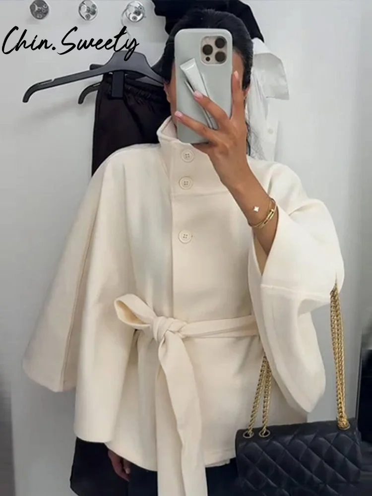 Women's Wool Blend Cape Coat – Loose Fit, High Collar, Waist Belt White