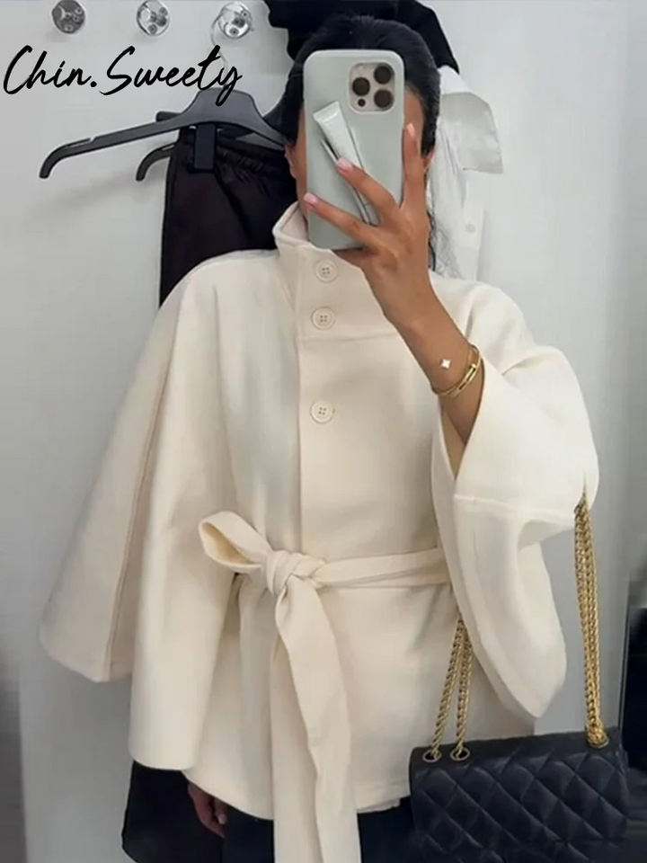 Women's Wool Blend Cape Coat – Loose Fit, High Collar, Waist Belt White