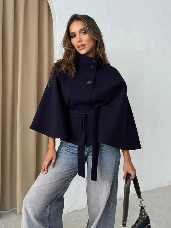 Women's Wool Blend Cape Coat – Loose Fit, High Collar, Waist Belt