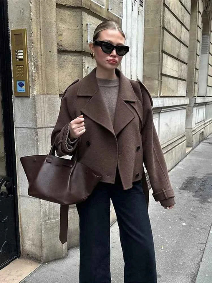 Women's Wool Double-Breasted Cropped Peacoat with Large Lapels