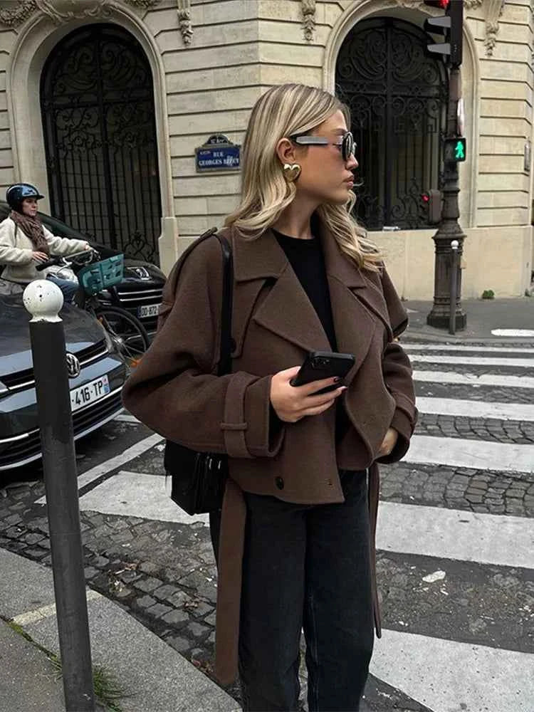 Women's Wool Double-Breasted Cropped Peacoat with Large Lapels