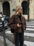 Women's Wool Double Breasted Cropped Buttons Solid Brown Winter Coat