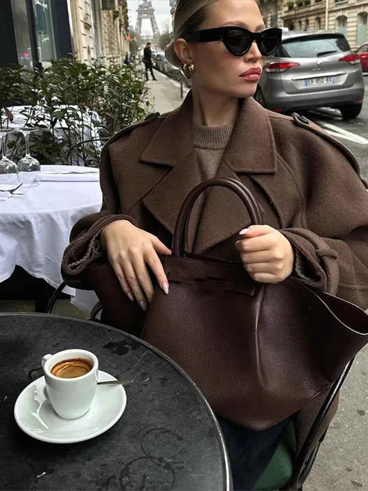 Women's Wool Double-Breasted Cropped Peacoat with Large Lapels