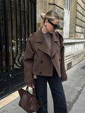 Women's Wool Double Breasted Cropped Buttons Solid Brown Winter Coat Brown