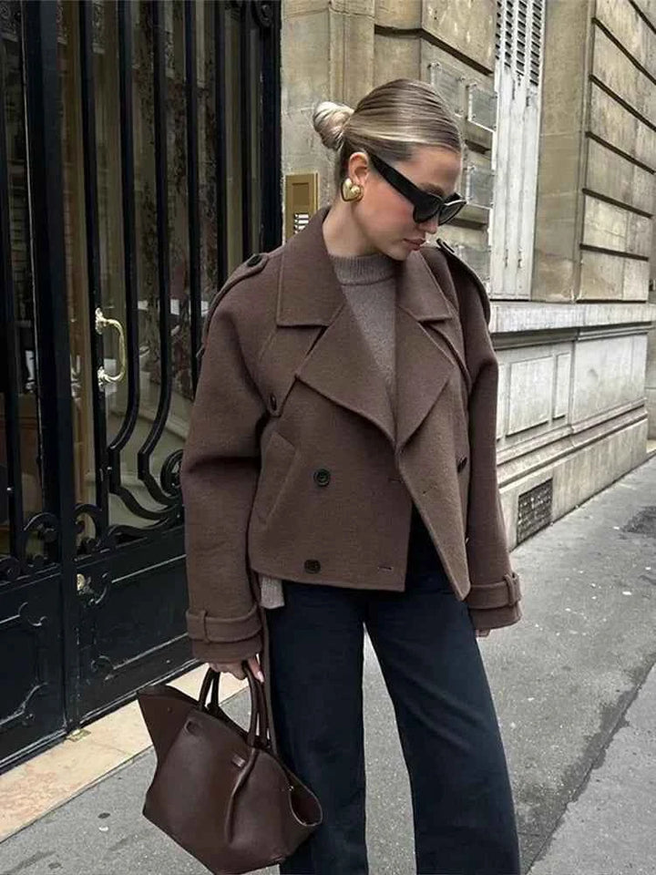 Women's Wool Double-Breasted Cropped Peacoat with Large Lapels Brown