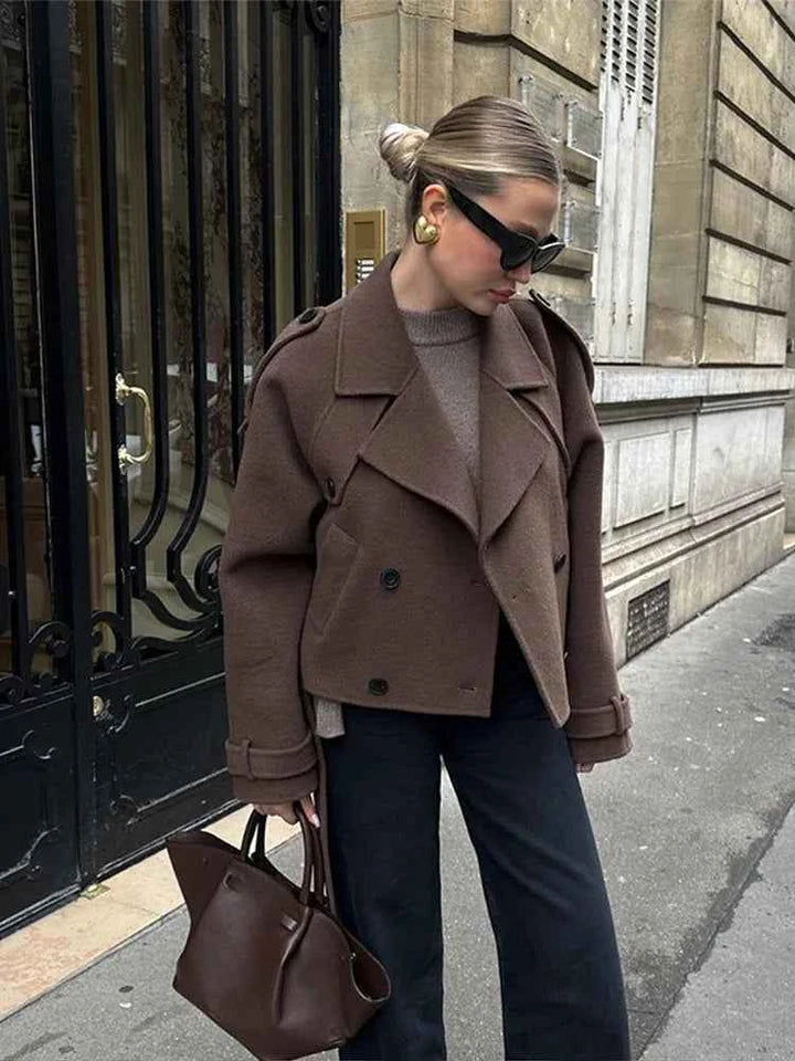 Women's Wool Double-Breasted Cropped Peacoat with Large Lapels