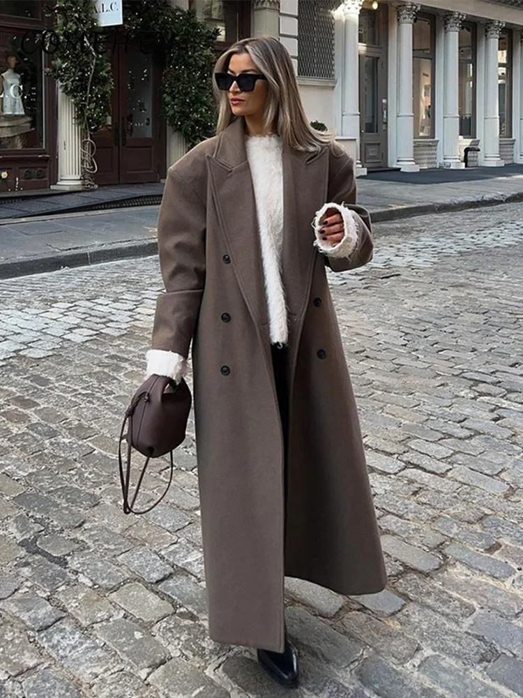 Women's Wool Long Overcoat – Loose Fit – Double-Breasted – Structured Shoulders Brown