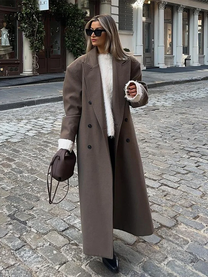 Women's Wool Long Overcoat – Loose Fit – Double-Breasted – Structured Shoulders Brown