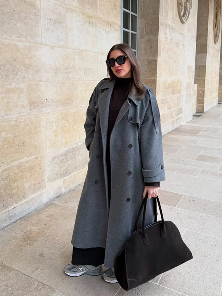 Women's Wool Long Overcoat – Loose Fit – Double-Breasted – Structured Shoulders Grey