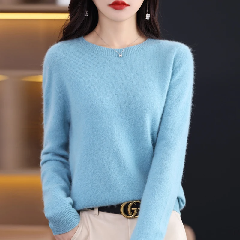 Women's Wool Sweater - Long Sleeve, Regular Fit, Round Neck, Ribbed Edges Blue