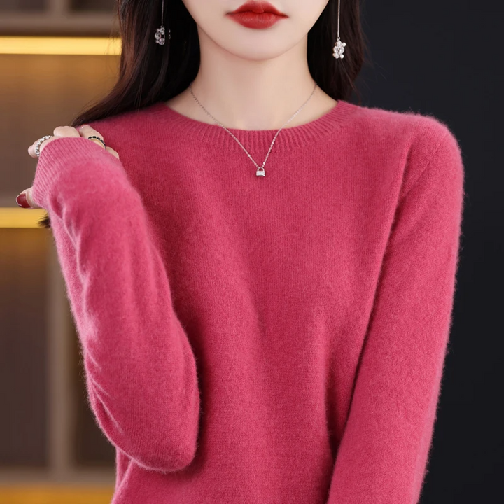 Women's Wool Sweater - Long Sleeve, Regular Fit, Round Neck, Ribbed Edges Raspberry Red