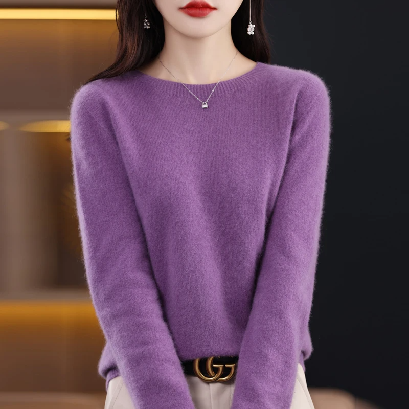 Women's Wool Sweater - Long Sleeve, Regular Fit, Round Neck, Ribbed Edges Purple