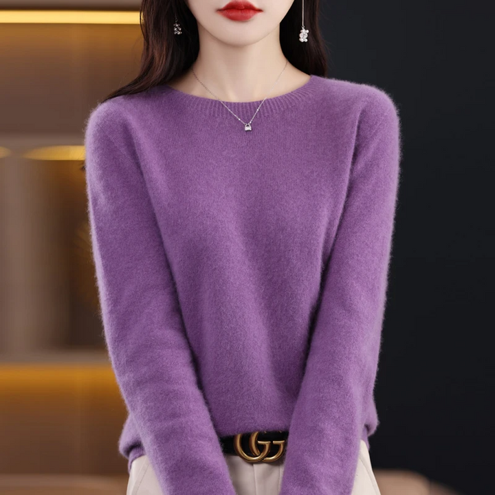 Women's Wool Sweater - Long Sleeve, Regular Fit, Round Neck, Ribbed Edges Purple