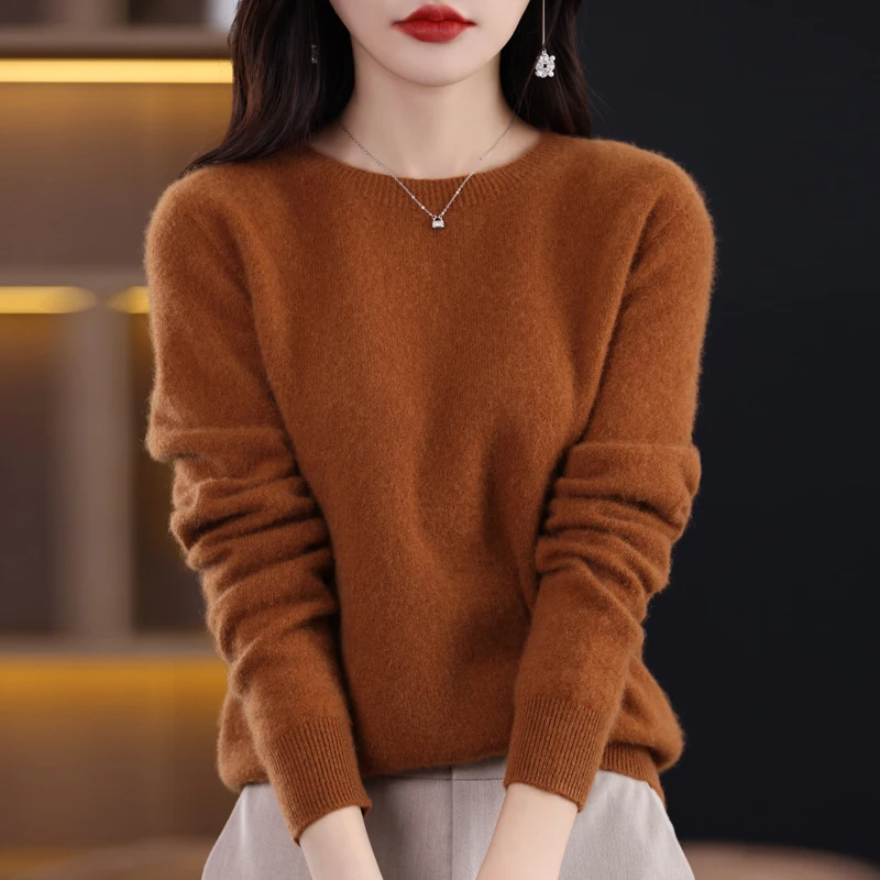 Women's Wool Sweater - Long Sleeve, Regular Fit, Round Neck, Ribbed Edges Brown