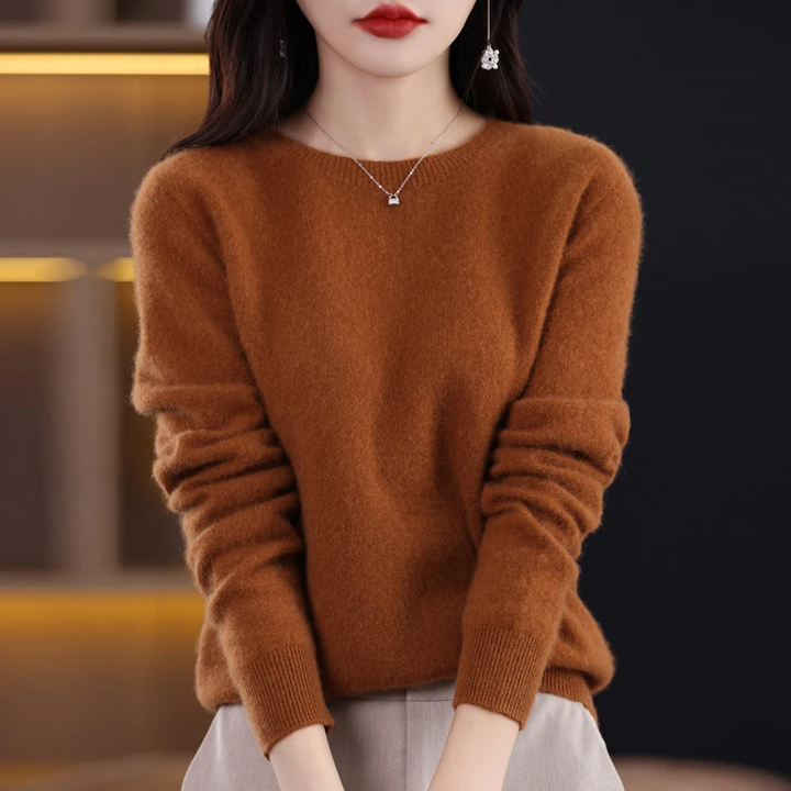 Women's Wool Sweater - Long Sleeve, Regular Fit, Round Neck, Ribbed Edges Brown