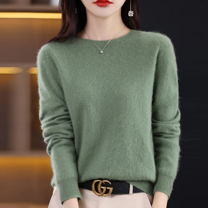 Women's Wool Sweater - Long Sleeve, Regular Fit, Round Neck, Ribbed Edges Grey