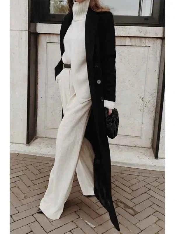 Womens Wool Tailored Double-Breasted Full-Length Coat with Notched Lapel