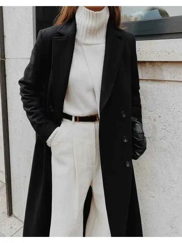 Womens Wool Tailored Double-Breasted Full-Length Coat with Notched Lapel Black