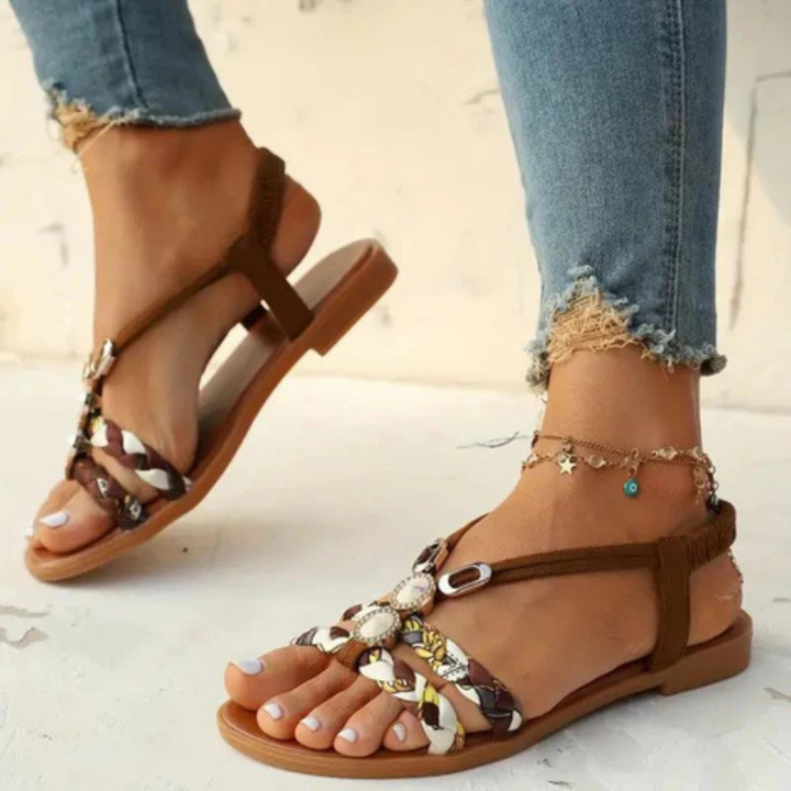 Women's Woven Flat Sandals with Floral Patterns and Jewelry Accents