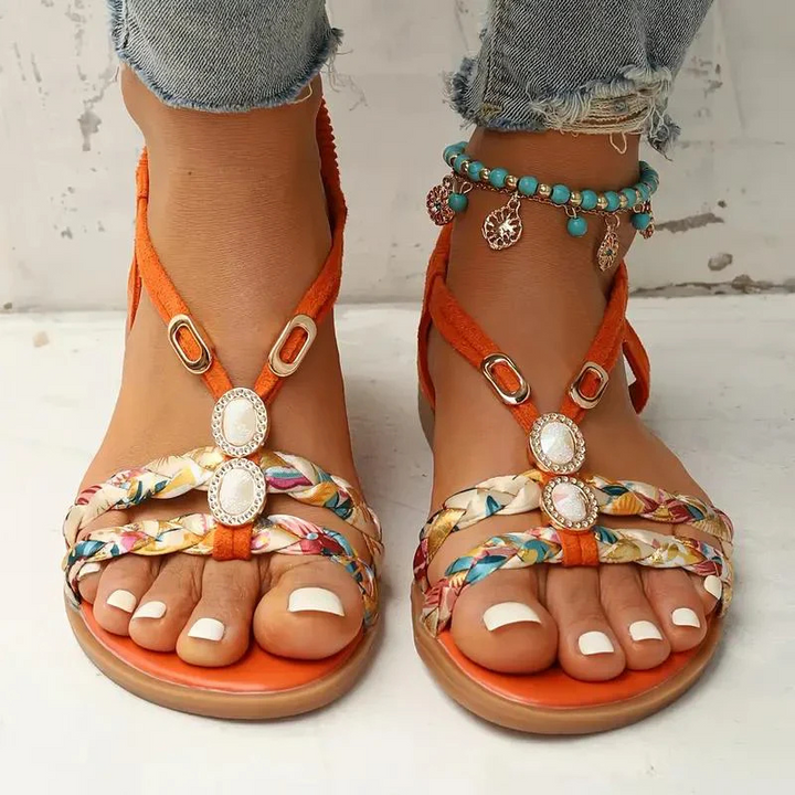 Women's Woven Flat Sandals with Floral Patterns and Jewelry Accents Orange