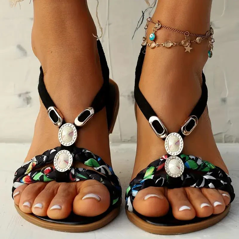 Women's Woven Flat Sandals with Floral Patterns and Jewelry Accents Black