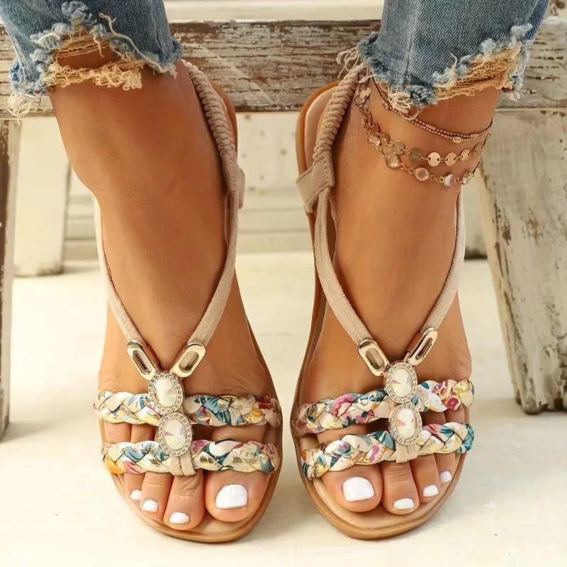 Women's Woven Flat Sandals with Floral Patterns and Jewelry Accents Beige