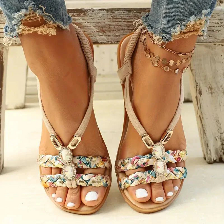 Women's Woven Flat Sandals with Floral Patterns and Jewelry Accents Beige